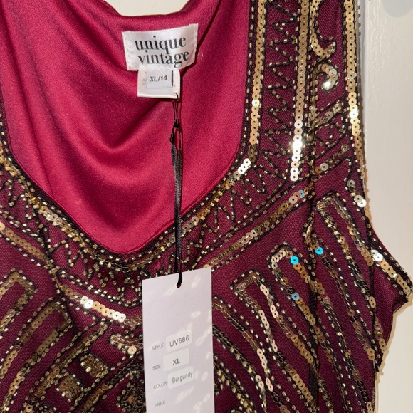 Unique Vintage - Burgundy and Gold Sequined/Beaded Flapper Style Dress (Size XL) - Picture 4 of 4